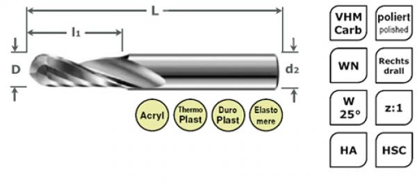 HSC Radius Einzahnfräser Rapid Shine Ø 6 x 9 mm